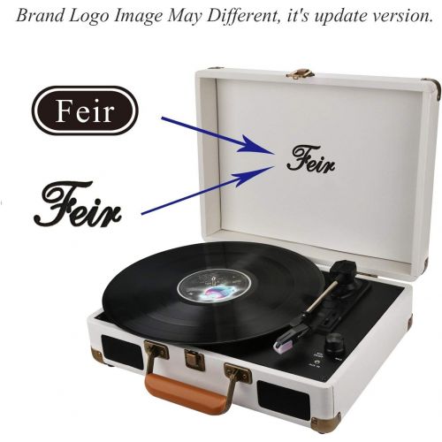  Feir Vinyl Record Player Bluetooth with Speakers 3 Speed Portable Turntable Suitcase Built in 2 Speakers RCA Line Out AUX Headphone Jack PC Recorder-White