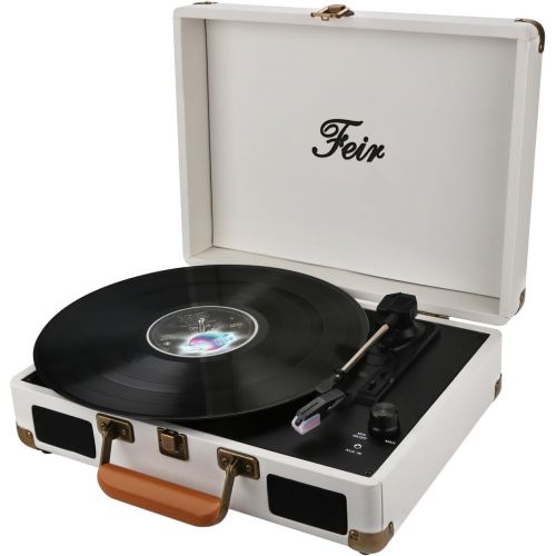  Feir Vinyl Record Player Bluetooth with Speakers 3 Speed Portable Turntable Suitcase Built in 2 Speakers RCA Line Out AUX Headphone Jack PC Recorder-White