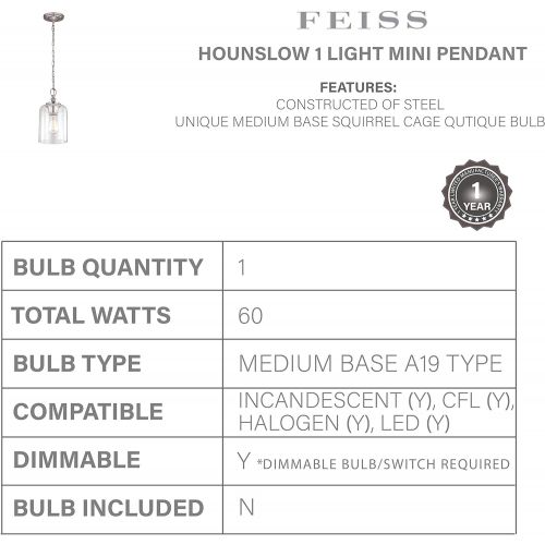  Feiss P1310BS Hounslow Glass Pendant Lighting, Satin Nickel, 1-Light (7Dia x 13H) 60watts