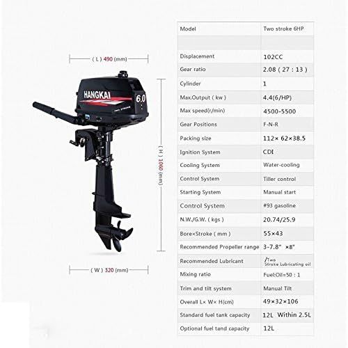  Feiuruhf Outboard Motors, 6HP 2 Stroke Marine Outboard Motor Yacht Engine Air Cooling Tiller Control 40cm Shaft Fishing Boat Engine Bulit-in Water Cooling System Inflatable Boat Mo