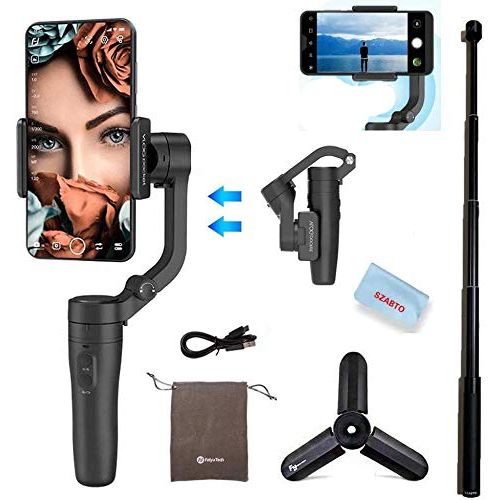  FeiyuTech VLOGpocket 3-Axis Handheld Foldable Gimbal Stabilizer for Smartphone iPhone/Huawei/Samsung/Xiaomi, Black,with Mini Tripod and Extension Rod