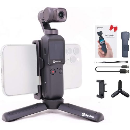  Feiyupocket-Integrated Action 4K Camera with 3 axis Gimbal Vlogging Stabilizer-FeiyuTech for YouTube Video Record,Face Object Tracking,Android/iOS app with Tripod+PhoneHolder Combo