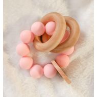 /FeltmanAndCo Pink Teething Toy Circular Teething Toy Round Silicone Bead Teether Handmade Teether Organic Wood Teether