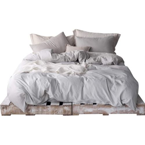  [아마존베스트]FenDie 3 Piece Polyester Duvet Cover Set Solid Grey Bedding Collection Set Twin Wahsed Cotton Duvet Cover Modern Simple Style Durable and Fade Resistant, Zipper Clousre