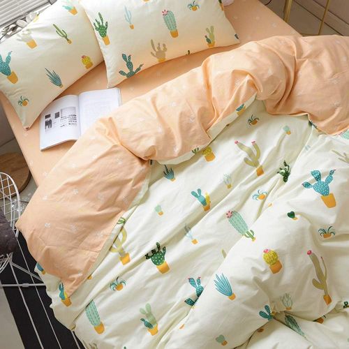  FenDie Potted Plants Bedding Queen Set 3 Piece Cactus Printed Duvet Cover Set Cotton,Pale Yellow for Teens Girls