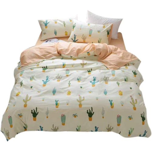  FenDie Potted Plants Bedding Queen Set 3 Piece Cactus Printed Duvet Cover Set Cotton,Pale Yellow for Teens Girls