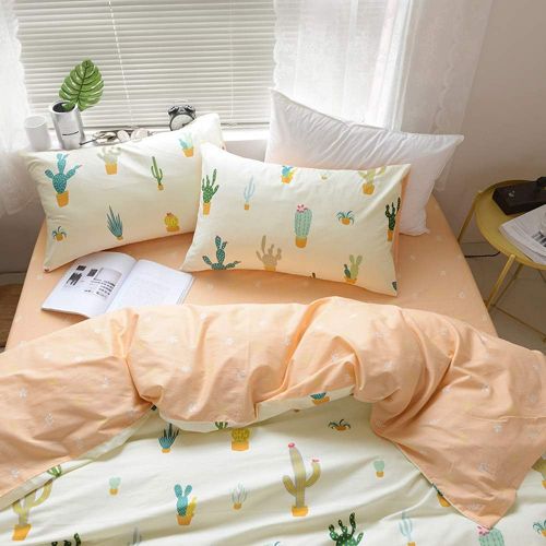  FenDie Potted Plants Bedding Queen Set 3 Piece Cactus Printed Duvet Cover Set Cotton,Pale Yellow for Teens Girls