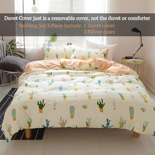  FenDie Potted Plants Bedding Queen Set 3 Piece Cactus Printed Duvet Cover Set Cotton,Pale Yellow for Teens Girls