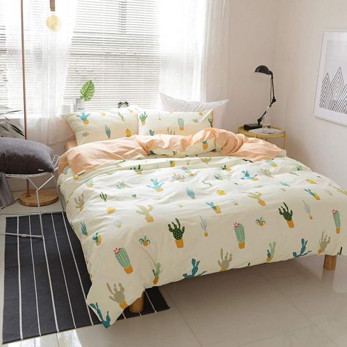  FenDie Potted Plants Bedding Queen Set 3 Piece Cactus Printed Duvet Cover Set Cotton,Pale Yellow for Teens Girls