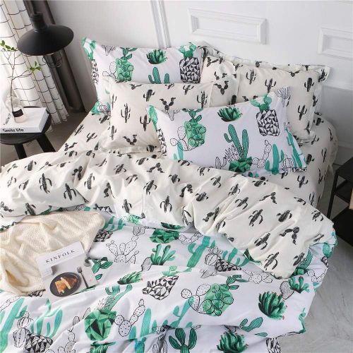  FenDie Potted Plants Bedding Queen Set 3 Piece Cactus Printed Duvet Cover Set Cotton,Pale Yellow for Teens Girls