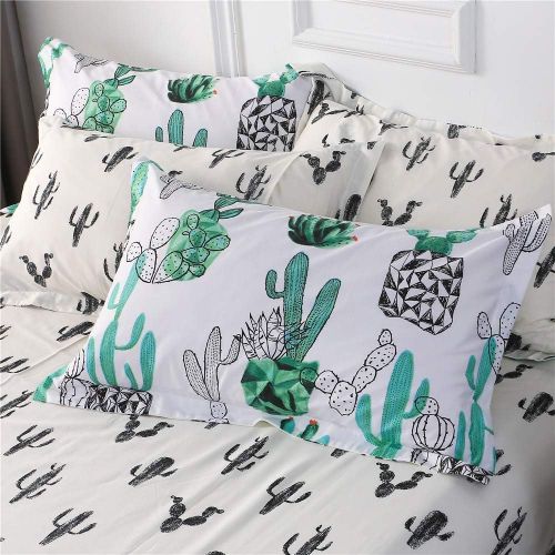  FenDie Potted Plants Bedding Queen Set 3 Piece Cactus Printed Duvet Cover Set Cotton,Pale Yellow for Teens Girls