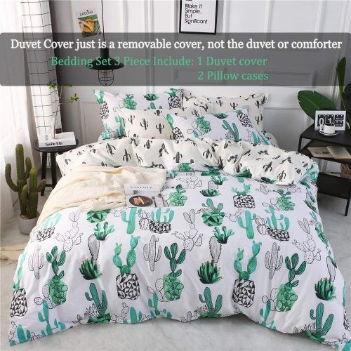  FenDie Potted Plants Bedding Queen Set 3 Piece Cactus Printed Duvet Cover Set Cotton,Pale Yellow for Teens Girls