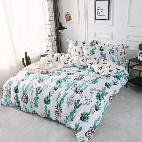  FenDie Potted Plants Bedding Queen Set 3 Piece Cactus Printed Duvet Cover Set Cotton,Pale Yellow for Teens Girls