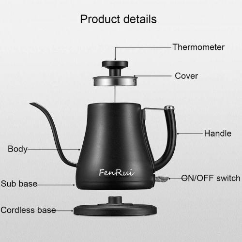  FenRui Wasserkocher/Edelstahl-Schwanenhals-Wasserkocher fuer Kaffee oder Tee, Thermometer, Wireless und automatischer Abschaltung (900W, 800 ml, Schwarz)