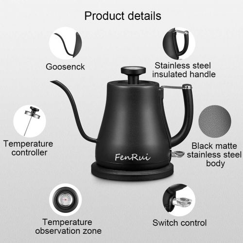  FenRui Wasserkocher/Edelstahl-Schwanenhals-Wasserkocher fuer Kaffee oder Tee, Thermometer, Wireless und automatischer Abschaltung (900W, 800 ml, Schwarz)