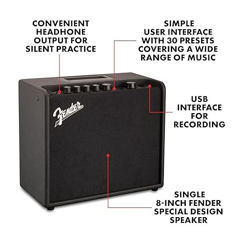  Fender Mustang LT25 Guitar Amp, 25-Watt Combo Amp, with 2-Year Warranty, 30 Preset Effects with USB Audio Interface for Recording