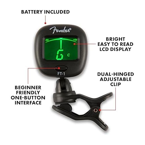  Fender FT-1 Professional Guitar Tuner Clip On, with 1-Year Warranty, Full-Range Chromatic Guitar Tuner with Dual-Rotating Hinges, A4 Calibration