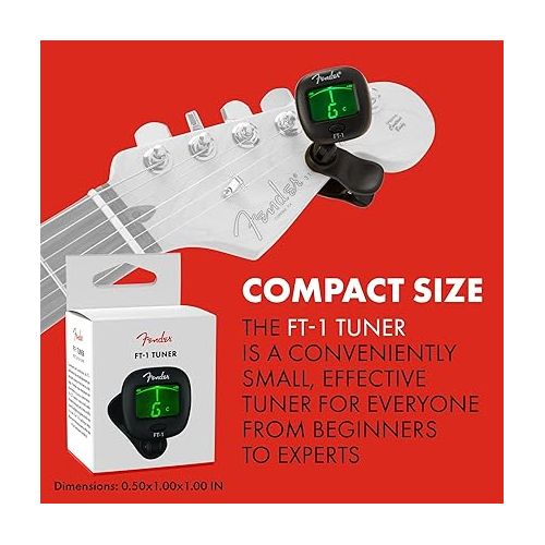  Fender FT-1 Professional Guitar Tuner Clip On, with 1-Year Warranty, Full-Range Chromatic Guitar Tuner with Dual-Rotating Hinges, A4 Calibration