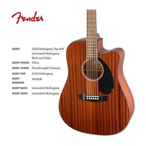  Fender CD-60SCE Solid Top Dreadnought Acoustic-Electric Guitar - All Mahogany Bundle with Hard Case, Instrument Cable, Strap, Strings, Picks, Instructional DVD, and Polishing Cloth