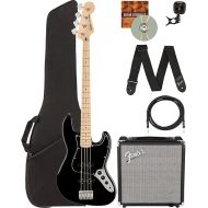Fender Squier Affinity Jazz Bass - Black Bundle with Rumble 15 Amplifier, Instrument Cable, Gig Bag, Tuner, Strap, and Austin Bazaar Instructional DVD