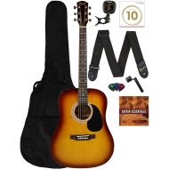 Fender Squier Dreadnought Acoustic Guitar Sunburst Bundle - With Gig Bag, Tuner, Strap, Strings, Winder, Picks, Lessons, and Instructional DVD