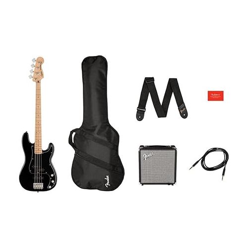  Squier by Fender Precision Bass Guitar Kit, Affinity Series, Laurel Fingerboard, Black, Poplar Body, Maple Neck, with Guitar Bag and Rumble 15 Amp Bass Amp, Cable, Guitar Strap and More