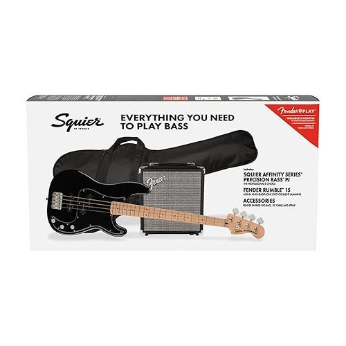  Squier by Fender Precision Bass Guitar Kit, Affinity Series, Laurel Fingerboard, Black, Poplar Body, Maple Neck, with Guitar Bag and Rumble 15 Amp Bass Amp, Cable, Guitar Strap and More