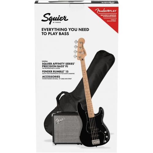  Squier by Fender Precision Bass Guitar Kit, Affinity Series, Laurel Fingerboard, Black, Poplar Body, Maple Neck, with Guitar Bag and Rumble 15 Amp Bass Amp, Cable, Guitar Strap and More