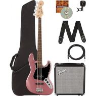 Fender Squier Affinity Jazz Bass - Burgundy Mist Bundle with Rumble 15 Amplifier, Instrument Cable, Gig Bag, Tuner, Strap, and Austin Bazaar Instructional DVD