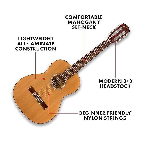  Fender 3/4 Size Acoustic Guitar Starter Kit for Beginners with Nylon Strings, Bag, Tuner, Strap, and 2-Year Warranty