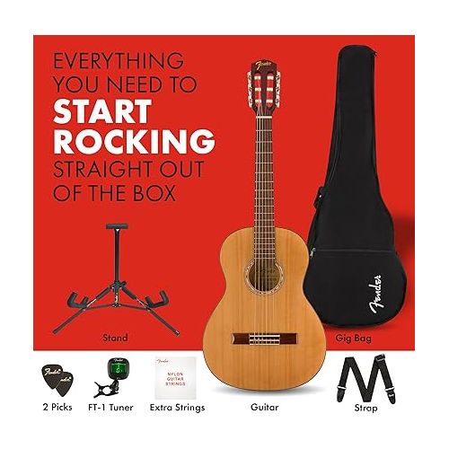  Fender 3/4 Size Acoustic Guitar Starter Kit for Beginners with Nylon Strings, Bag, Tuner, Strap, and 2-Year Warranty