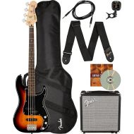 Fender Squier Affinity Precision Bass PJ - 3-Color Sunburst Bundle with Rumble 15 Amplifier, Instrument Cable, Gig Bag, Tuner, Strap, and Austin Bazaar Instructional DVD