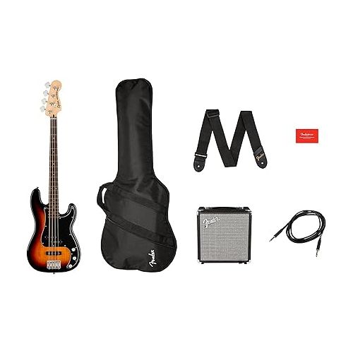  Fender Squier Affinity Precision Bass PJ - 3-Color Sunburst Bundle with Rumble 15 Amplifier, Instrument Cable, Gig Bag, Tuner, Strap, and Austin Bazaar Instructional DVD