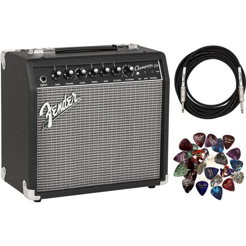  Fender Champion 20 Guitar Amplifier Bundle with Instrument Cable, 24 Picks, and Austin Bazaar Polishing Cloth