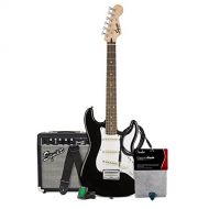 Squier by Fender Stratocaster Short Scale Beginner Electric Guitar Pack with Squier Frontman 10G Amplifier - Black Finish