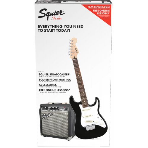  Squier by Fender Stratocaster Short Scale Beginner Electric Guitar Pack with Squier Frontman 10G Amplifier - Black Finish