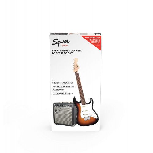  Squier by Fender Stratocaster Short Scale Beginner Electric Guitar Pack with Squier Frontman 10G Amplifier -Brown Sunburst Finish