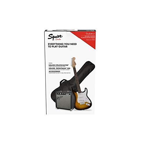  Squier by Fender Stratocaster Beginner Pack, Laurel Fingerboard, Black, with Gig Bag, Amp, Strap, Cable, Picks, and Fender Play