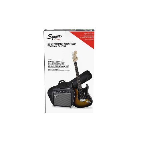  Squier by Fender Stratocaster Beginner Pack, Laurel Fingerboard, Black, with Gig Bag, Amp, Strap, Cable, Picks, and Fender Play