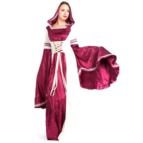  Fengstore Womens Medieval Dress Hooded Queen Cosplay Costumes Retro Court Long Sleeve Gown