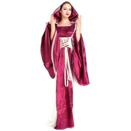  Fengstore Womens Medieval Dress Hooded Queen Cosplay Costumes Retro Court Long Sleeve Gown