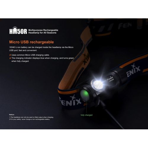  [아마존베스트]Fenix HM50R 500 Lumens Multi-Purpose Compact LED Headlamp Flashlight & Rechargeable Battery PLUS Additional LumenTac CR123A Battery