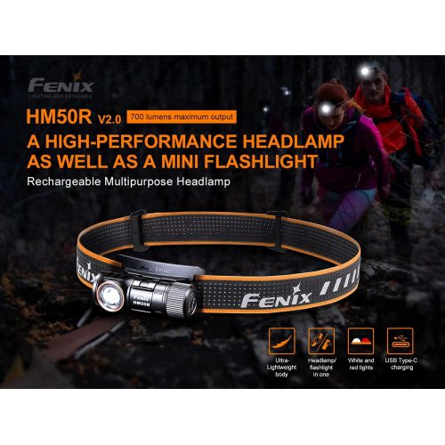  Fenix HM50R v2.0 Headlamp Bundle with Extra Backup Battery, 700 Lumen USB-C Rechargeable Lightweight with Red Light and Lumentac Battery Organizer