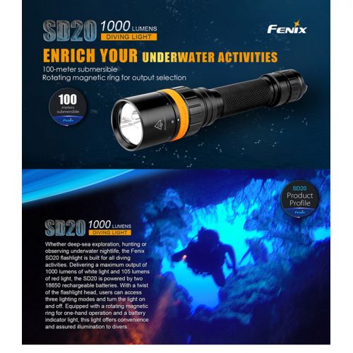  Fenix SD20 1000 Lumen CREE LED 100 meter submersible Diving Flashlight with 2 x ARB-L18-2600 battery,ARE-X2 charger,battery case