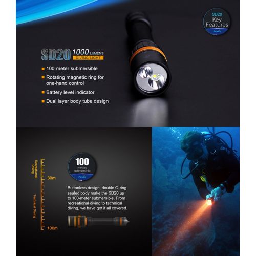  Fenix SD20 1000 Lumen CREE LED 100 meter submersible Diving Flashlight with 2 x ARB-L18-2600 battery,ARE-X2 charger,battery case