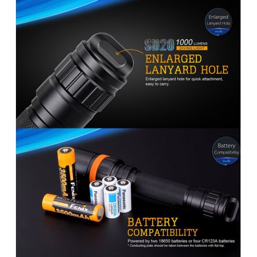  Fenix SD20 1000 Lumen CREE LED 100 meter submersible Diving Flashlight with 2 x ARB-L18-2600 battery,ARE-X2 charger,battery case