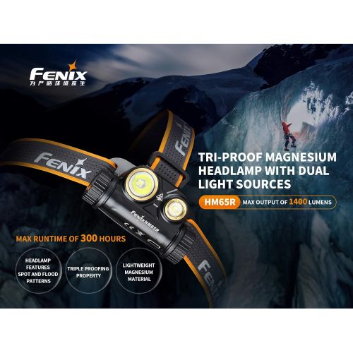  [아마존베스트]Fenix Flashlights Gift Bundle: Fenix HM65R 1400 Lumen Dual Beam Rechargeable Headlamp with E01 V2.0 EDC Flashlight and LumenTac Battery Case