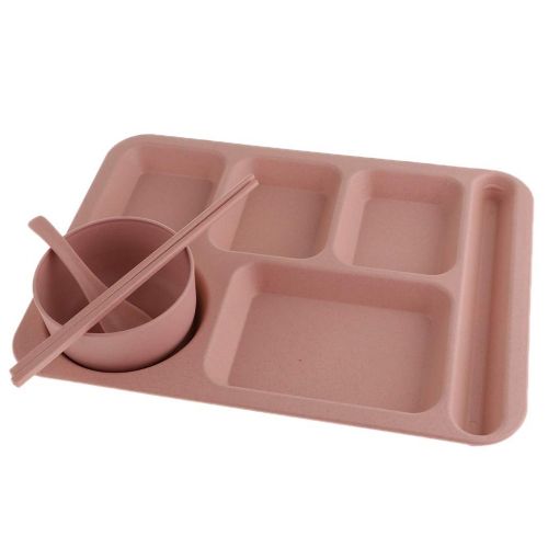  Fenteer Plastic Rectangular Divided Dinner Tray - 5 Sections - with Spoon, Bowl and Chopsticks for Convenient Use - Pink