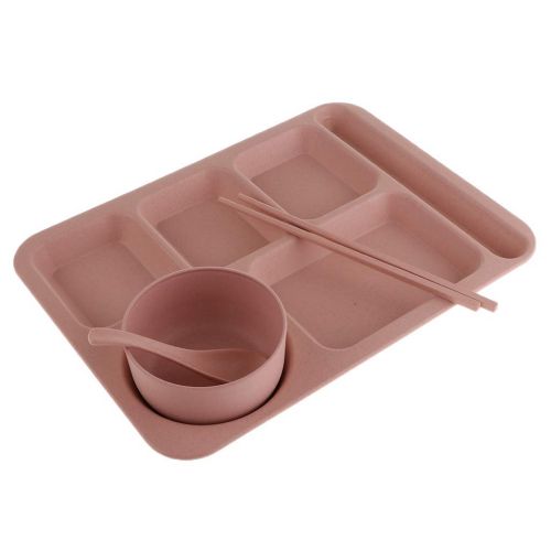  Fenteer Plastic Rectangular Divided Dinner Tray - 5 Sections - with Spoon, Bowl and Chopsticks for Convenient Use - Pink