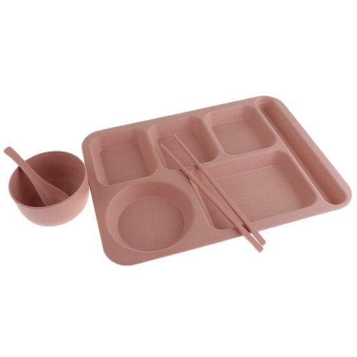  Fenteer Plastic Rectangular Divided Dinner Tray - 5 Sections - with Spoon, Bowl and Chopsticks for Convenient Use - Pink